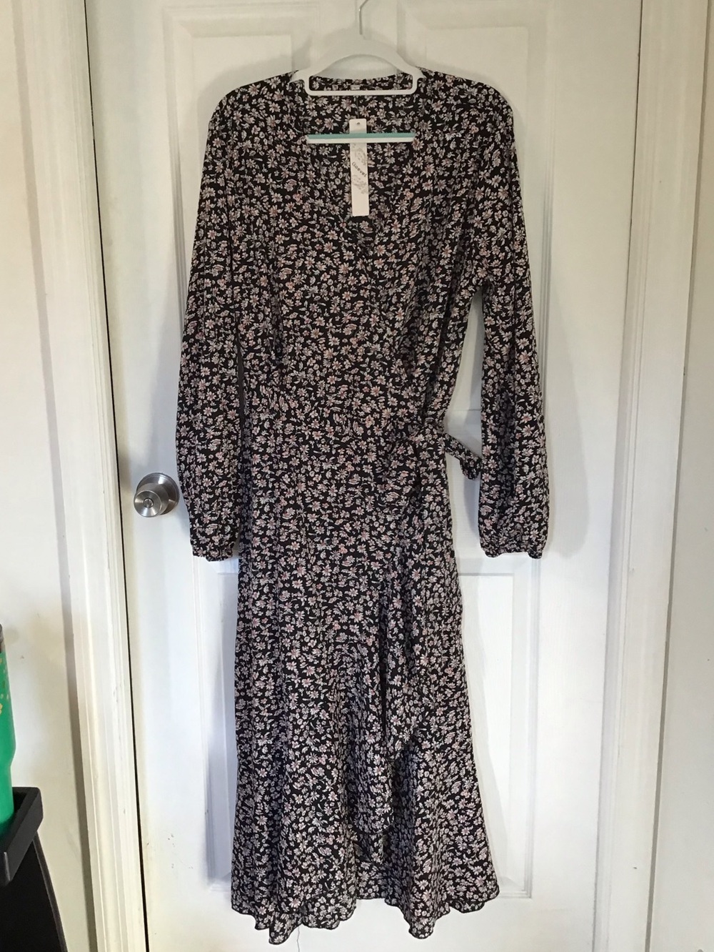 Women's Long Sleeve Floral Wrap Dress - Black with Pink Floral